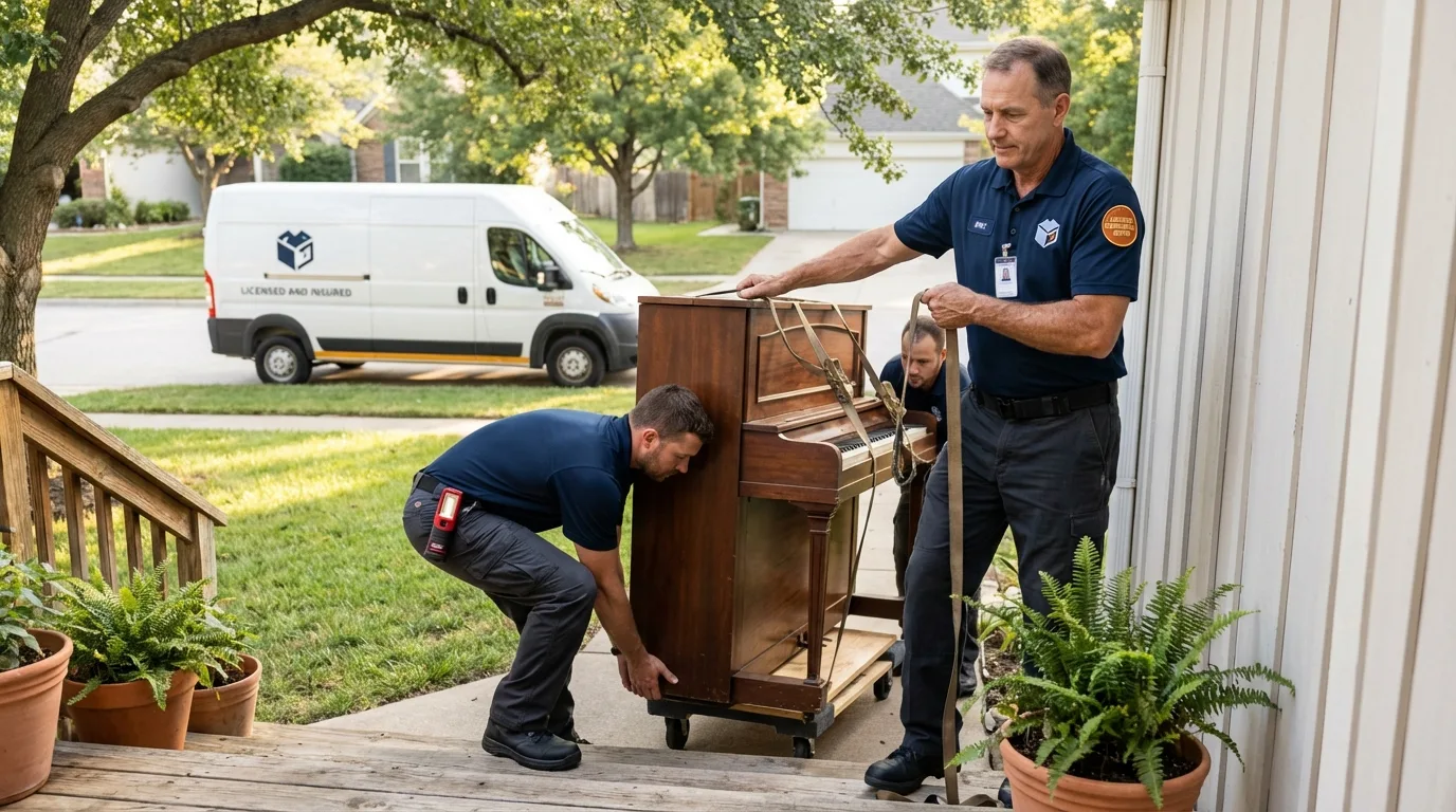 Licensed piano movers securing grand piano in Charles Town, WV