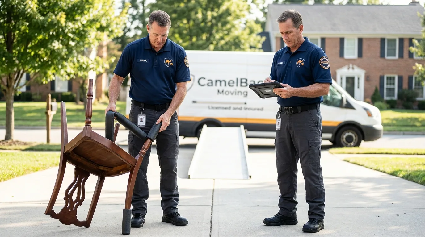 Movers inspecting furniture for damage prevention before loading in Charles Town, WV