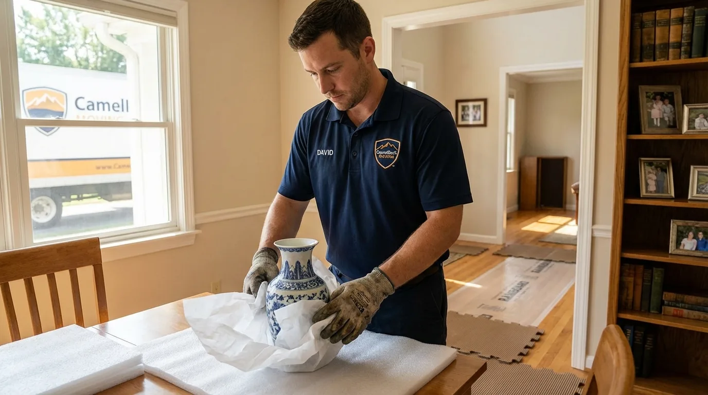 Professional crew carefully wrapping antique vase for senior downsizing move in Charles Town, WV